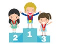 Children with medals for victory stand on the sports pedestal, Medalists kids standing on competition winner podium.