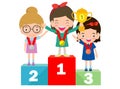 Children with medals for victory stand on the sports pedestal, Medalists kids standing on competition winner podium. Royalty Free Stock Photo