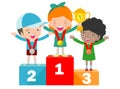 Children with medals for victory stand on the sports pedestal, Medalists kids standing on competition winner podium. Royalty Free Stock Photo