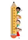 Children meter wall. Children with a pencil