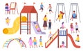 Children at modern kindergarten. Slides, swings for playing and recreation fun at summer time. Royalty Free Stock Photo