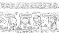 Children with months signs and changing weather and seasons, a long horizontal border or frame, coloring page