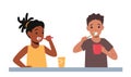 Children Morning Routine, Oral and Health Care. Kids Brushing Teeth, African Girl and Caucasian Boy with Toothbrush