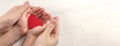 Children and mothers hands holding red heart on white textured background. Concept of health care, love, organ donation Royalty Free Stock Photo