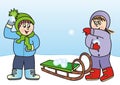 Children in the mountains, boy and girl with sledge, eps. Royalty Free Stock Photo