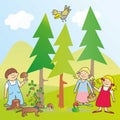 Children and mushrooms, boy and girls at forest, group of kids collect mushrooms. Vector illustration.