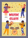 Children music class cartoon vector poster. Black and white boys learning how to play violin, trumpet and flute. Royalty Free Stock Photo
