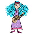 Children music classes. Little girl with long blue curly hair playing guitar. Kids Drawing style vector