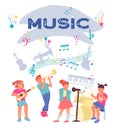 Children music education banner with singing kids and kids with musical instruments, flat vector. Royalty Free Stock Photo