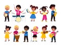 Children music orchestra. Kids music multiracial group, happy girls and boys play instruments and singing. Violin and Royalty Free Stock Photo