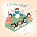 Children music school composition with boys and girls playing many instruments Royalty Free Stock Photo