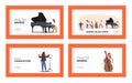 Children in Music School Landing Page Template Set. Kids Perform on Philharmonic Stage. Students with Instruments