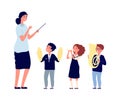 Children musicians. Kids orchestra, music lesson. Teacher conductor or kapellmeister of boy girl with musical