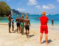 Children mustering for a swimming competition in the grenadines Royalty Free Stock Photo