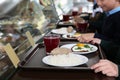 Children near serving line with healthy food in school canteen Royalty Free Stock Photo