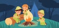 Children night campfire. Young adventurers around night fire fried marshmallows, nighty forest, kids on hike overnight Royalty Free Stock Photo