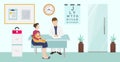 Children ophthalmology and healthcare vector illustration. Baby with mother visiting doctor oculist sitting in office