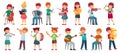 Children orchestra play music. Child playing ukulele guitar, girl sing song and play drum. Kids musicians with music Royalty Free Stock Photo