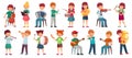 Children orchestra play music. Child playing ukulele guitar, girl sing song and play drum. Kids musicians with music instruments