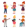 Children orchestra play music guitar and violin