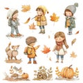 Children outdoor autumn activities, watercolor illustration, cute cartoon kids