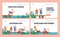 Children Outdoor Life Landing Page Template Set. Little Fishermen Having Fun on Pond, Boys and Girls Fishing with Rods