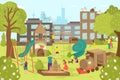 Children at outdoor playground near house, vector illustration. People kids character play at park background landscape