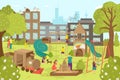 Children at outdoor playground near house, vector illustration. People kids character play at park background landscape Royalty Free Stock Photo