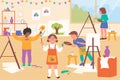 Children painting on art class or workshop with fun, girls and boys drawing with paint Royalty Free Stock Photo
