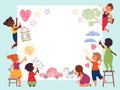 Children painting banner. Kid hand drawing, creative girl and boy draw together. Art school, kindergarten or preschool