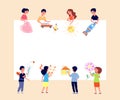 Children painting banner. Kids drawing on wall. Creative kindergarten, toddlers paint poster. Paper with child pictures