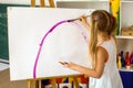 Children painting finger on easel. Group of kids with teacher. Royalty Free Stock Photo