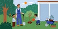 Children and parent planting. Father with kids gardening. Happy gardeners family takes care of garden. Boy with rake or