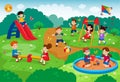 Children park. Kids playground. Little people playing in garden. Swing and sandbox. Summer cute boy and girl walking in Royalty Free Stock Photo