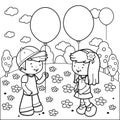 Children at the park playing with balloons. Vector black and white coloring page. Royalty Free Stock Photo