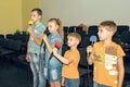 Children participate with a microphone, recite poems, recitation Royalty Free Stock Photo