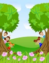 Children peek out from trees