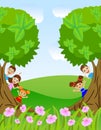 Children peek out from trees Royalty Free Stock Photo