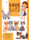 Children with pets adopt friendship poster vector illustration. Love child and cat adoption.