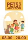 Children with pets adopt friendship poster vector illustration. Love child dog and cat adoption. Royalty Free Stock Photo