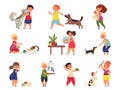 Children and pets characters. Cartoon friends, happy kids hugging animal. Child play petting care, isolated dog cat