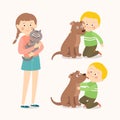 Children and pets. Child lovingly embraces his pet dog. Little dog licking boy`s cheek. Teenage girl with her cat. Best Royalty Free Stock Photo