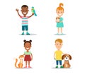 Children pets flat character set. Kids anim