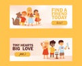 Children with pets friendship banner vector illustration. Love child dog and cat. Royalty Free Stock Photo