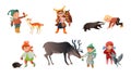 Children petting and playing with wild animals vector illustration