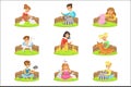 Children Petting The Small Animals In Petting Zoo Set Of Cartoon Illustrations With Kids Having Fun Royalty Free Stock Photo