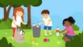 Children picking up garbage in the park. Vector illustration.