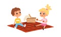 Children picnic. Boy girl eating, friendship. Isolated cartoon happy kids outdoor summer activity vector illustration