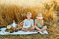 Children on a picnic in the countryside. The boys are sitting on a blanket with food in a wheat field. The child holds a slice of