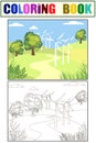 Children picture, art. Wind generator standing in a park, field. In minimalist style. Cartoon flat raster coloring